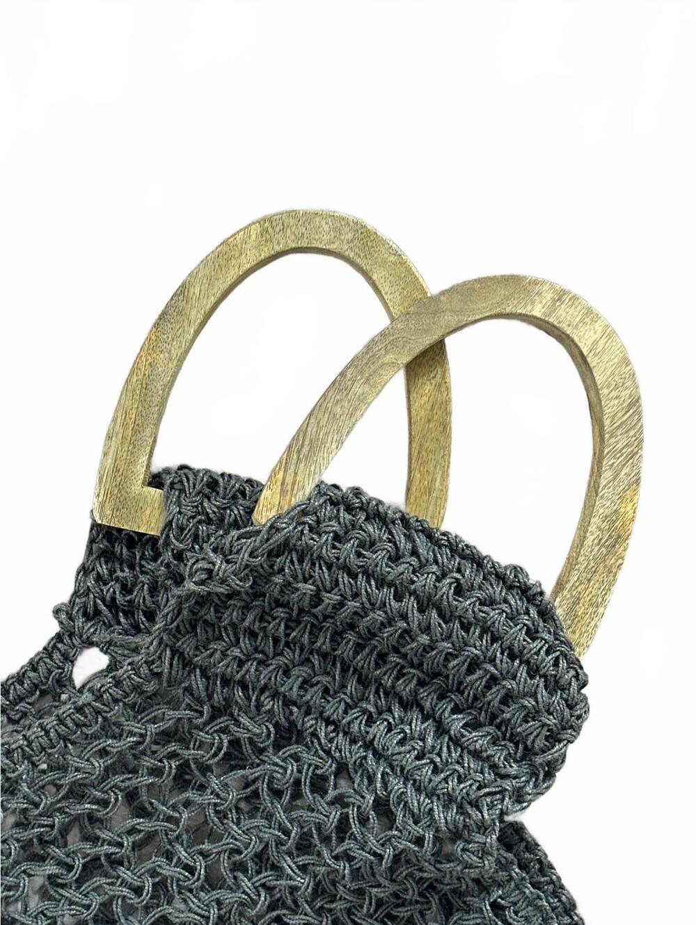 Handcrafted Gray Crochet Bag with Wooden Handles - Picture 3 of 6